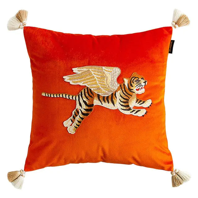 Kissenbezug aus Samt mit fliegender Tiger-Stickerei im Retro-Stil