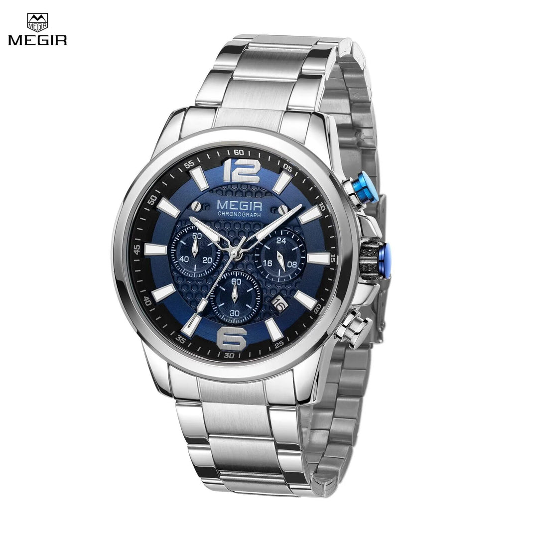 MEGIR Men's Quartz Wrist Watch Stainless Steel Band Chronograph Watches Luminous Waterproof Wristwatch Man Clock Military Watch-0