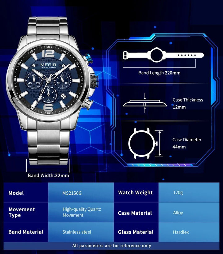 MEGIR Men's Quartz Wrist Watch Stainless Steel Band Chronograph Watches Luminous Waterproof Wristwatch Man Clock Military Watch-3