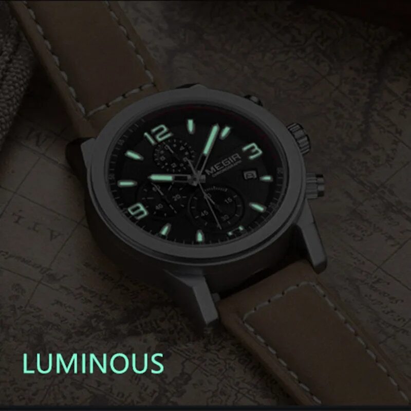 MEGIR Original Brand Luxury Watch Men's Sport Watches Leather Strap Watch Quartz Wristwatches Luminous Casual Relogio Masculino-3