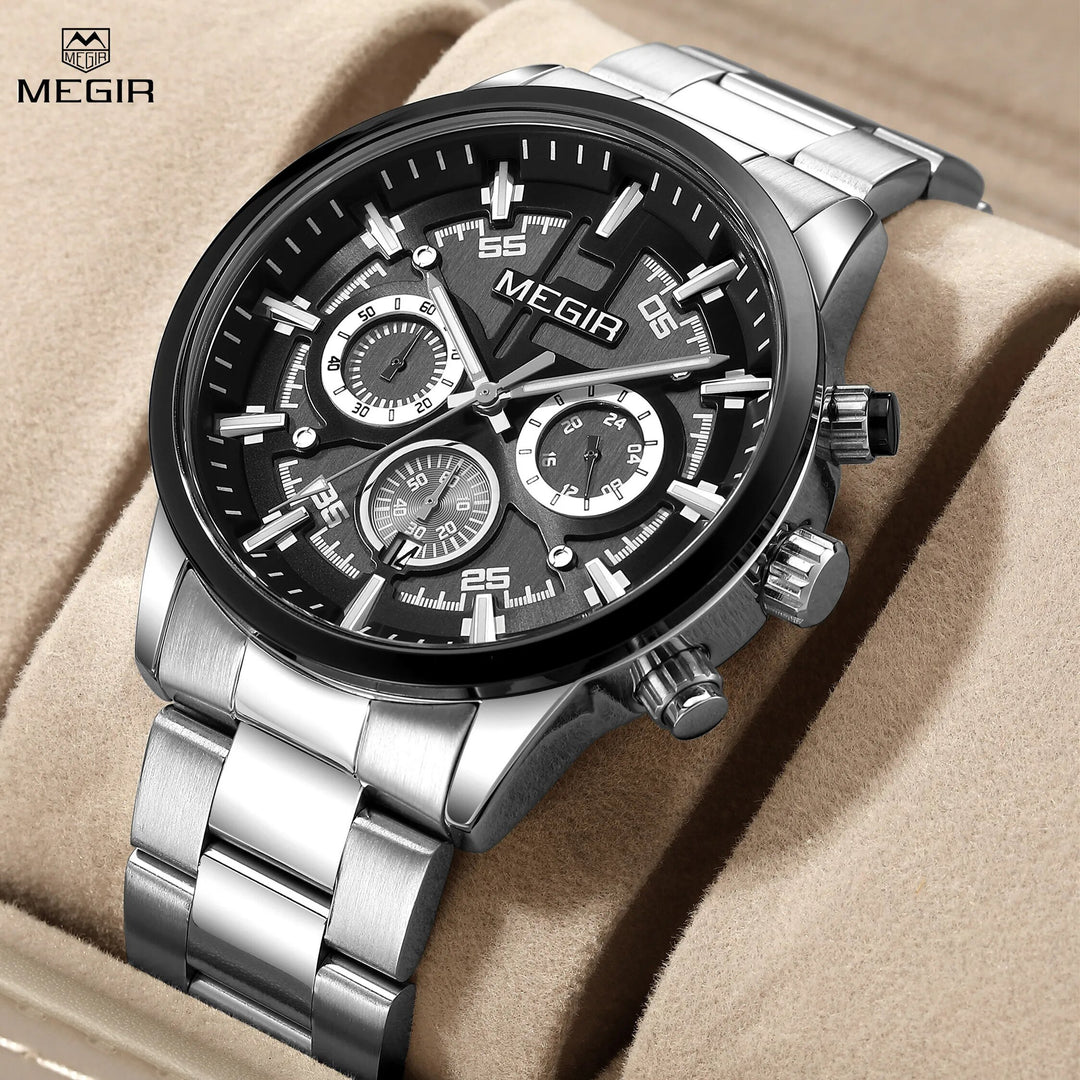 MEGIR Luxury Watch Mens Business Watches Calendar Stainless Steel Quartz Wrist Watch Clock Casual Chronograph Relogio Masculino-0