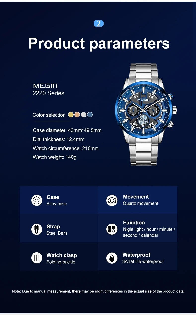 MEGIR Luxury Watch Mens Business Watches Calendar Stainless Steel Quartz Wrist Watch Clock Casual Chronograph Relogio Masculino-4