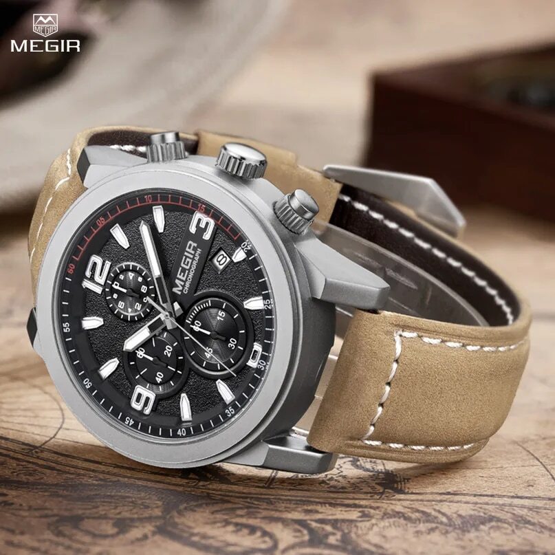 MEGIR Original Brand Luxury Watch Men's Sport Watches Leather Strap Watch Quartz Wristwatches Luminous Casual Relogio Masculino-0