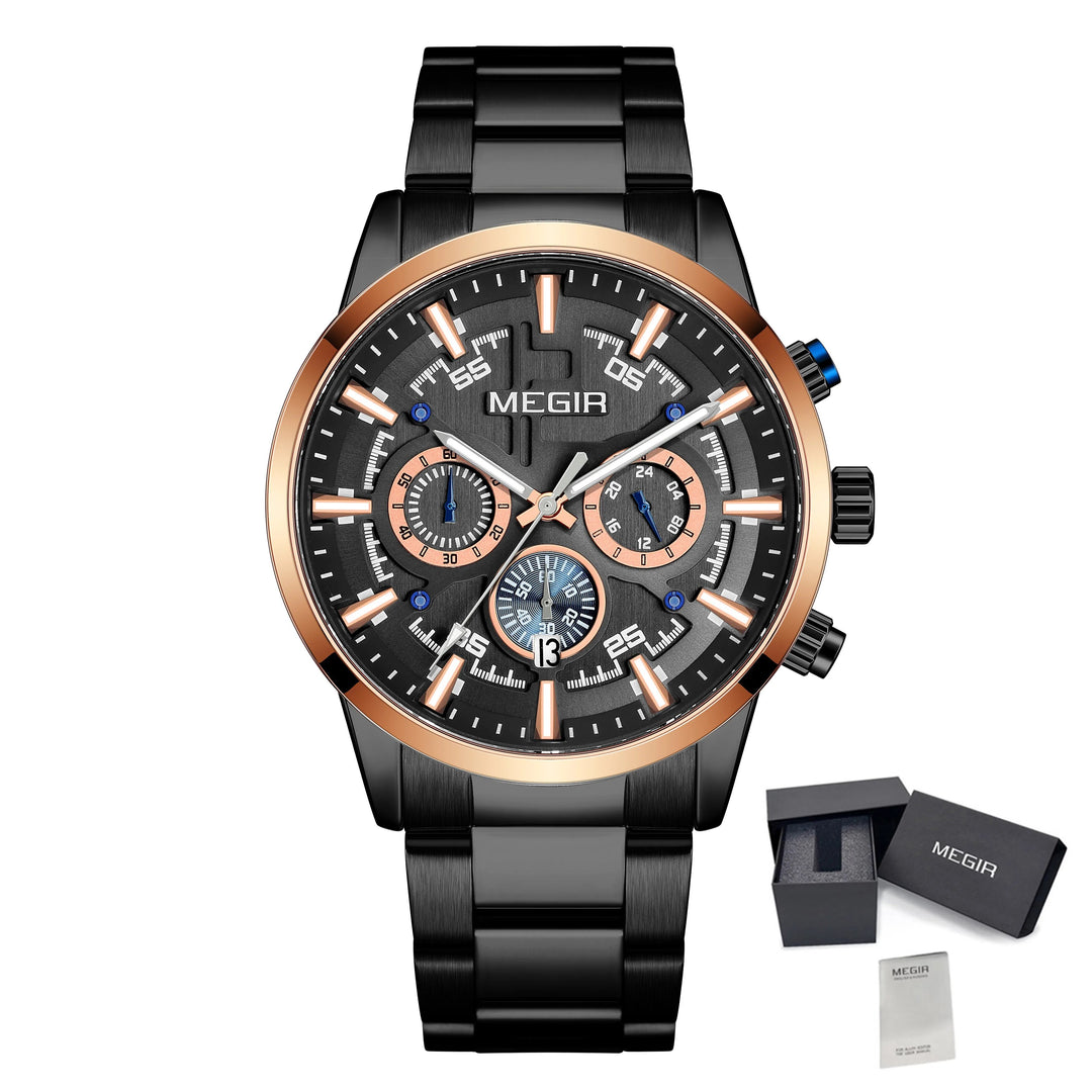 MEGIR Luxury Watch Mens Business Watches Calendar Stainless Steel Quartz Wrist Watch Clock Casual Chronograph Relogio Masculino-9