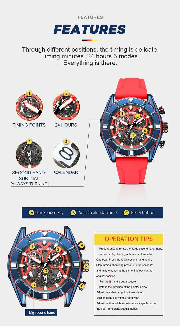 MEGIR Big Dial Watches Men Quartz Military Watch Silicone Strap Sport Watch Waterproof Clock Male Chronograph Relogio Masculino-2