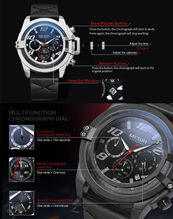 MEGIR Fashion Mens Watch Top Brand Luxury Sports Watches Waterproof Quartz Clock Leather Military Wrist Watch Relogio Masculino-5