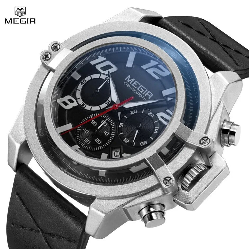 MEGIR Fashion Mens Watch Top Brand Luxury Sports Watches Waterproof Quartz Clock Leather Military Wrist Watch Relogio Masculino-1