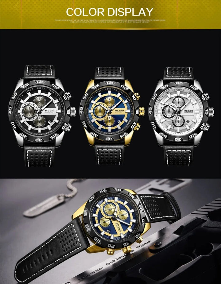 MEGIR Watches Mens Luxury Sports Military Watch Waterproof Luminous Quartz Wrist Watch Leather Casual Man Chronograph Clock-4