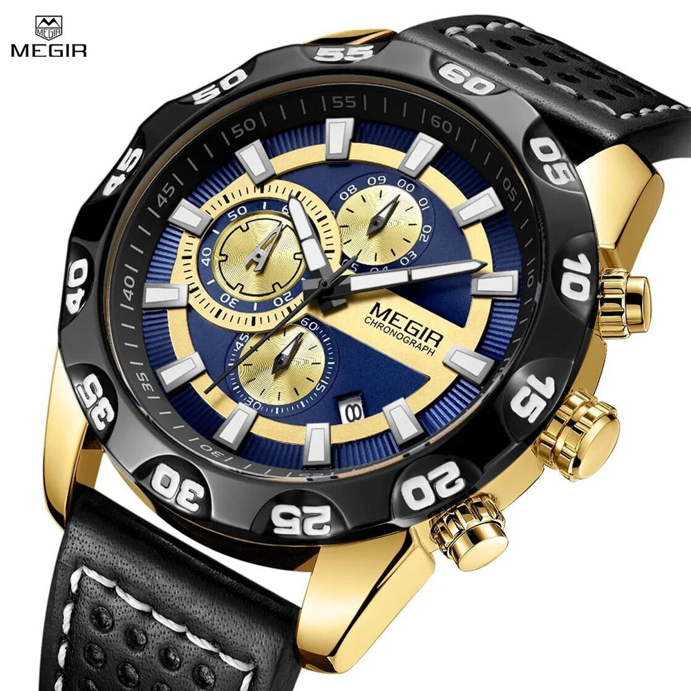 MEGIR Watches Mens Luxury Sports Military Watch Waterproof Luminous Quartz Wrist Watch Leather Casual Man Chronograph Clock-1