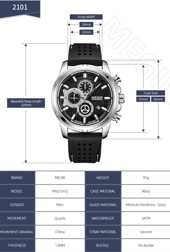 MEGIR Brand Luxury Sport Quartz Watch Silicone Chronograph Men Wristwatches Waterproof Male Calendar Clock Wrist Watch 2101-2