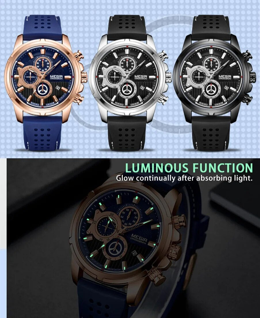 MEGIR Brand Luxury Sport Quartz Watch Silicone Chronograph Men Wristwatches Waterproof Male Calendar Clock Wrist Watch 2101-3