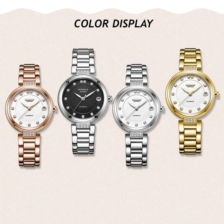 RUIMAS Women Automatic Mechanical Watch Steel Strap Ladies Business Wrist Watch Fashion Waterproof Date Clock Montre Femme 6756-2