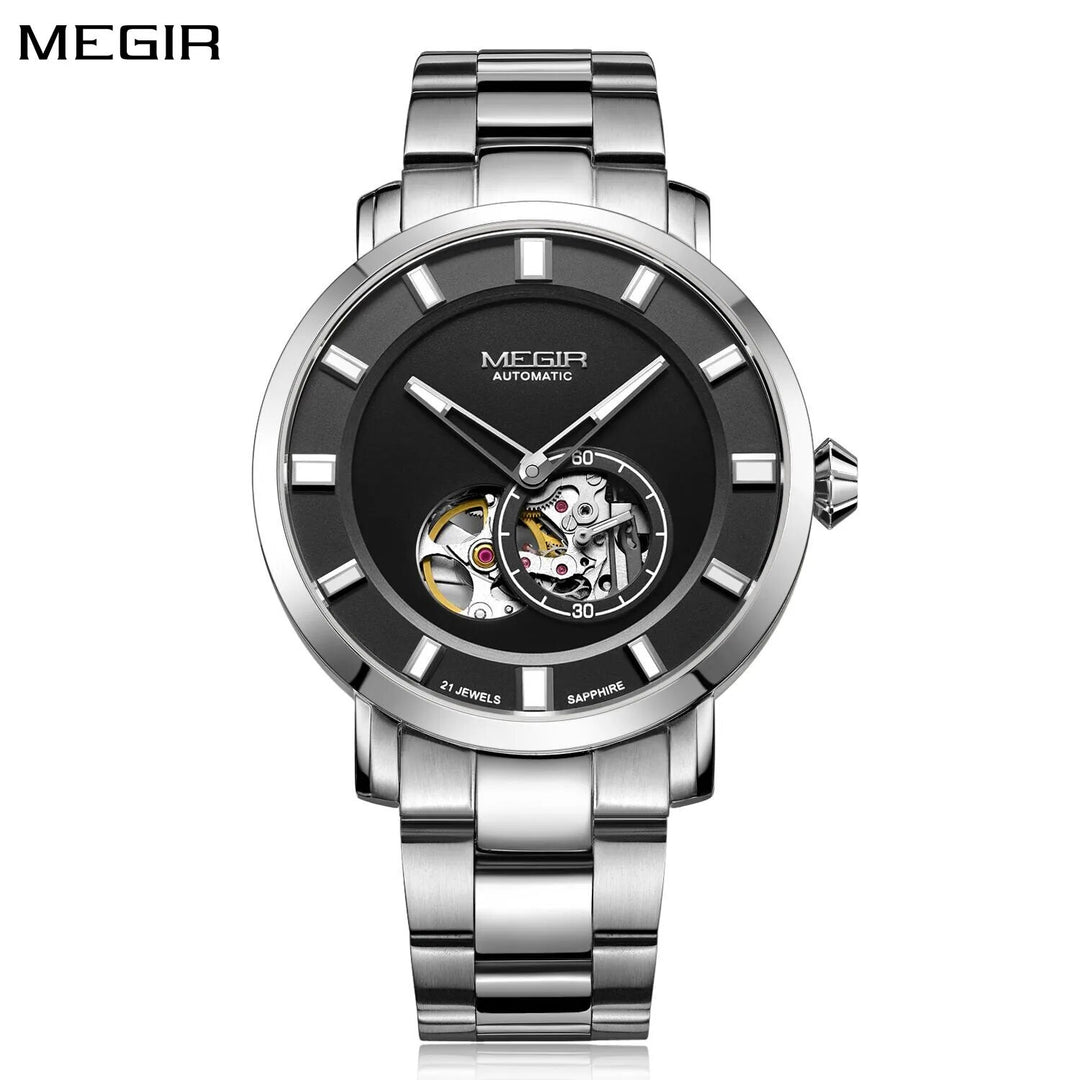 MEGIR Men Watch Hollow Out Automatic Mechanical Stainless Steel Wristwatch Waterproof Luxury Business Wrist Watch Montre Homme-0