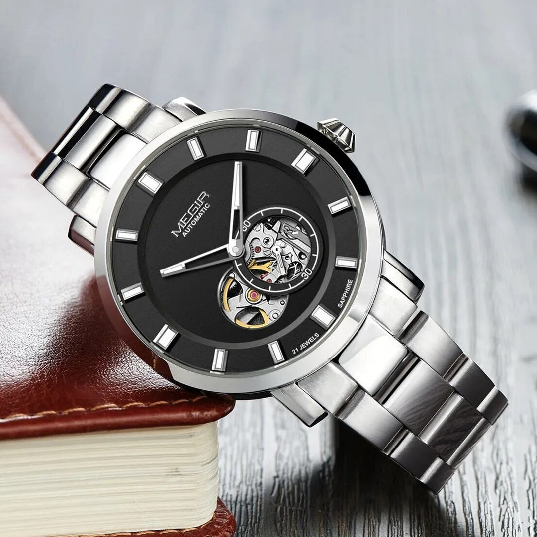 MEGIR Men Watch Hollow Out Automatic Mechanical Stainless Steel Wristwatch Waterproof Luxury Business Wrist Watch Montre Homme-2