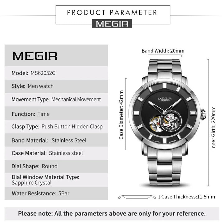 MEGIR Men Watch Hollow Out Automatic Mechanical Stainless Steel Wristwatch Waterproof Luxury Business Wrist Watch Montre Homme-4