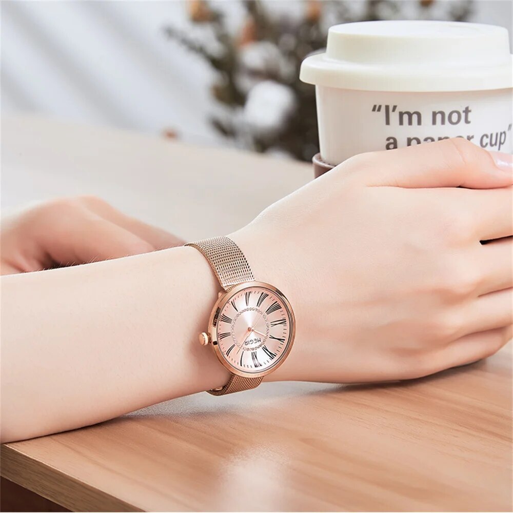 MEGIR Luxury Women Watches Fashion Quartz Watch Ladies Clock Stainless Steel Waterproof Female Watch Relogio Feminino 7014-1