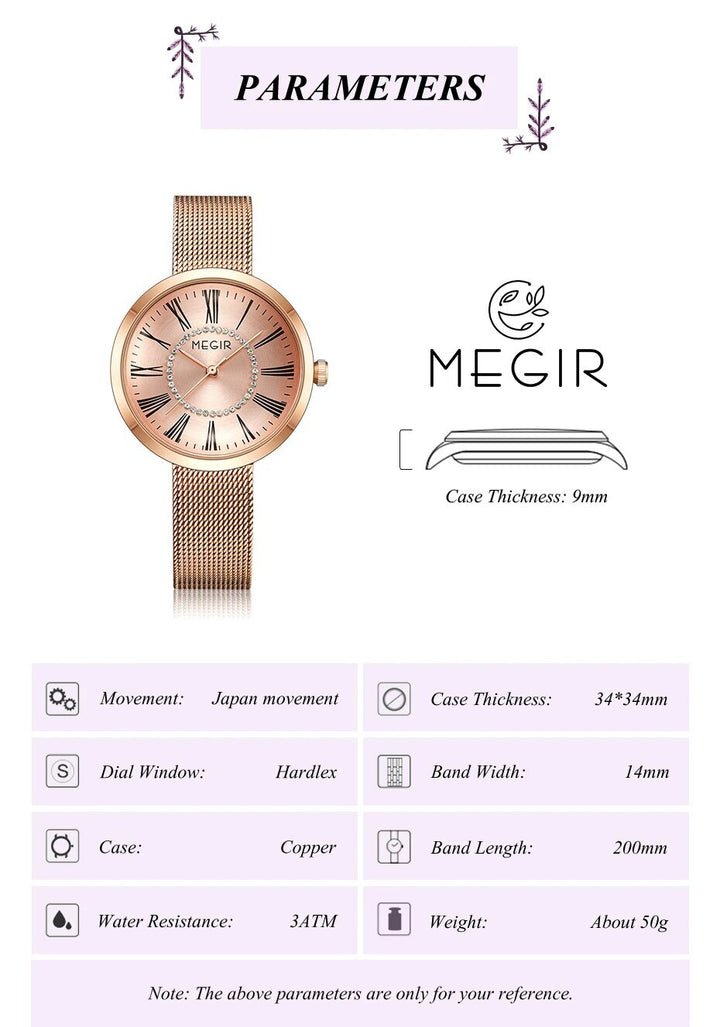 MEGIR Luxury Women Watches Fashion Quartz Watch Ladies Clock Stainless Steel Waterproof Female Watch Relogio Feminino 7014-3