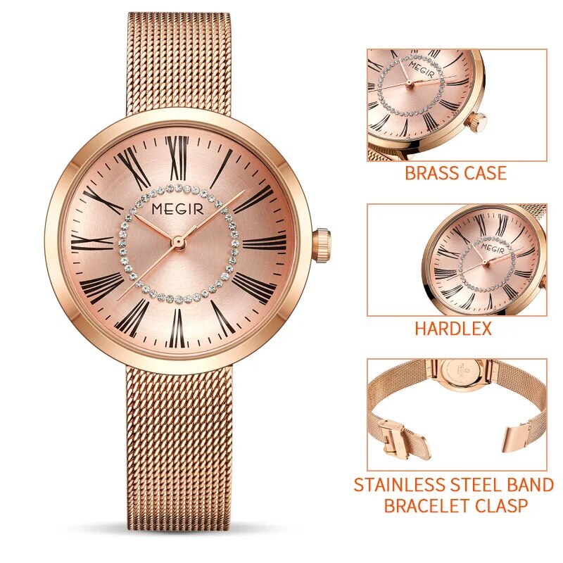 MEGIR Luxury Women Watches Fashion Quartz Watch Ladies Clock Stainless Steel Waterproof Female Watch Relogio Feminino 7014-2