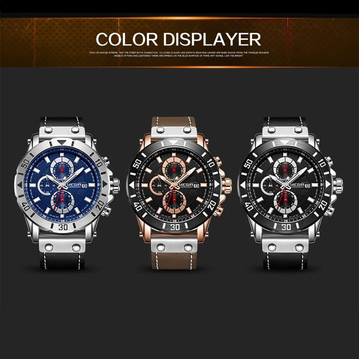 MEGIR Watch Men's Military Sport Wrist Watches Waterproof Leather Quartz Chronograph Calendar Luminous Clock Watch for Man 2081-3