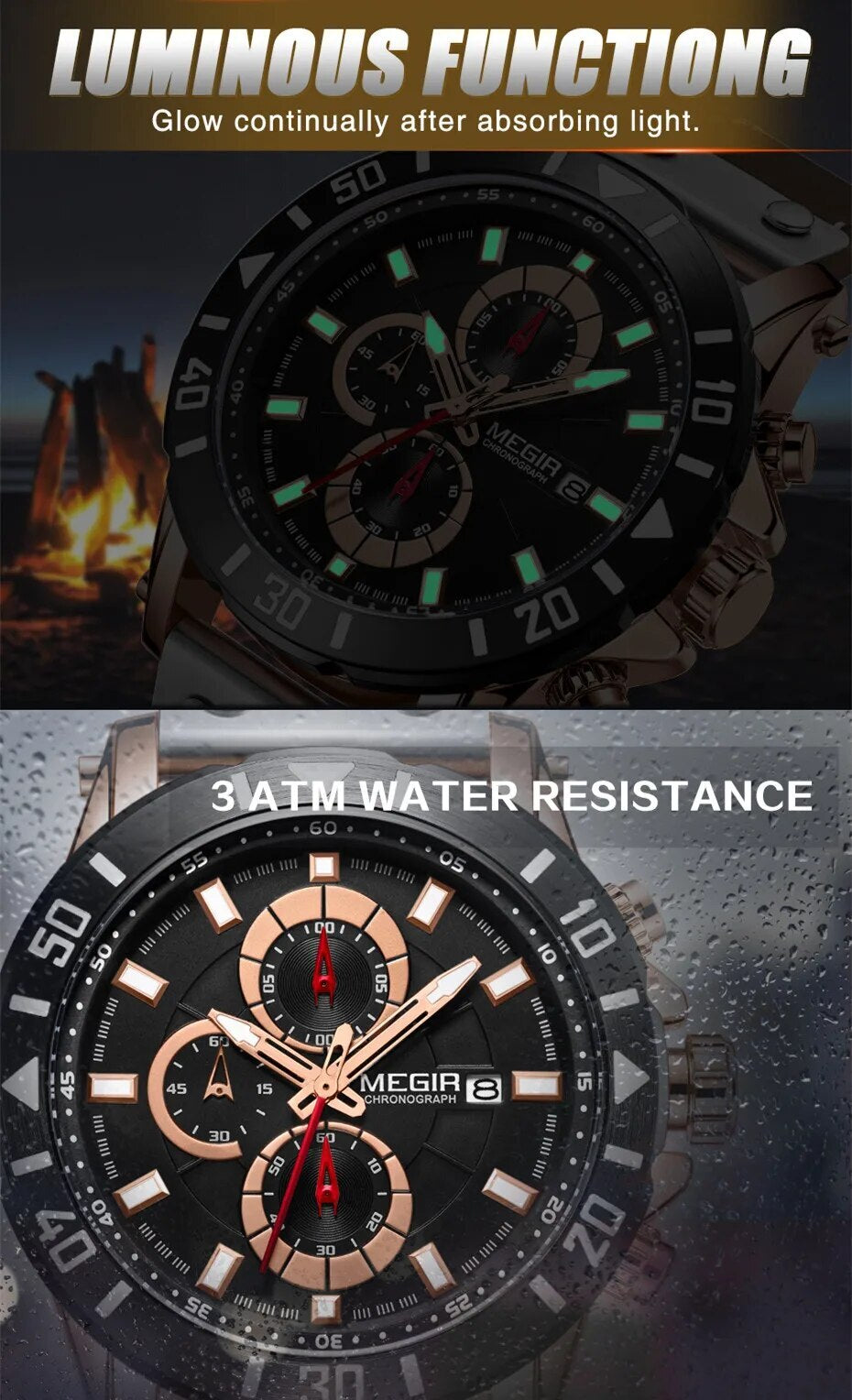 MEGIR Watch Men's Military Sport Wrist Watches Waterproof Leather Quartz Chronograph Calendar Luminous Clock Watch for Man 2081-4