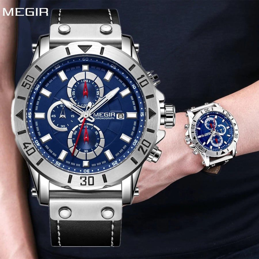 MEGIR Watch Men's Military Sport Wrist Watches Waterproof Leather Quartz Chronograph Calendar Luminous Clock Watch for Man 2081-0