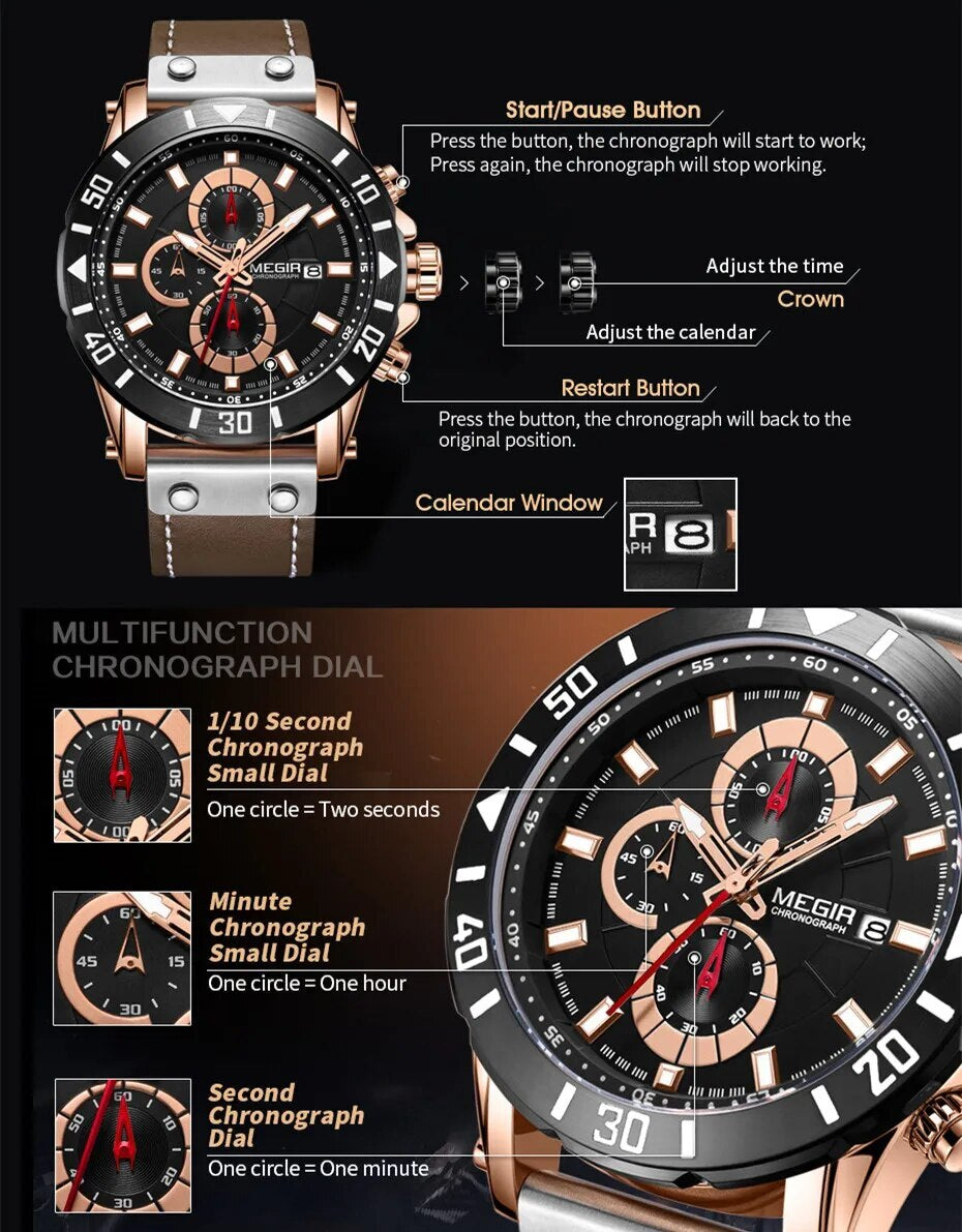 MEGIR Watch Men's Military Sport Wrist Watches Waterproof Leather Quartz Chronograph Calendar Luminous Clock Watch for Man 2081-5