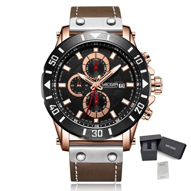 MEGIR Watch Men's Military Sport Wrist Watches Waterproof Leather Quartz Chronograph Calendar Luminous Clock Watch for Man 2081-6