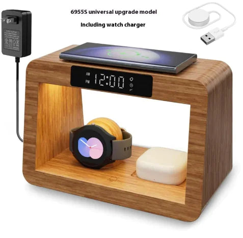 Multifunctional Bamboo Table Lamp Alarm Clock Wireless Charger