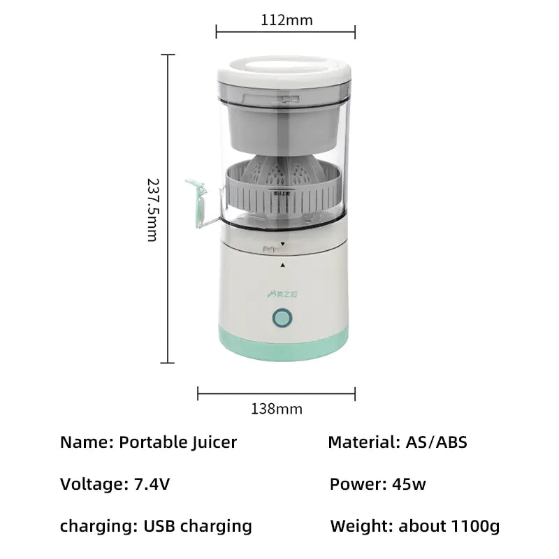 Kabelloser Slow Juicer, Orangen-Zitronen-Entsafter, USB-elektrischer Entsafter, Fruchtextraktor, tragbarer Entsafter, Druckentsafter für Zuhause, 7,4 V