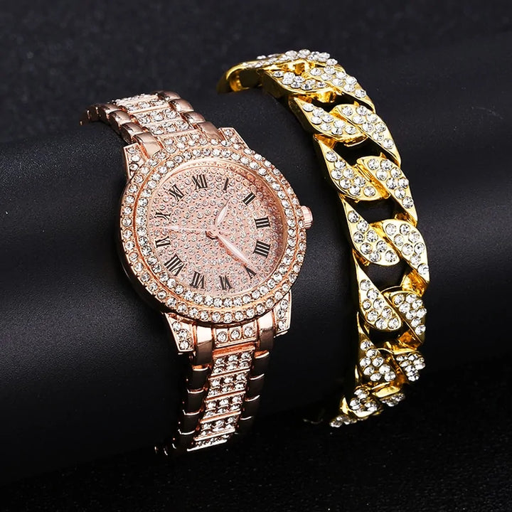 Uhr- und Armbandset mit Diamantkristallen