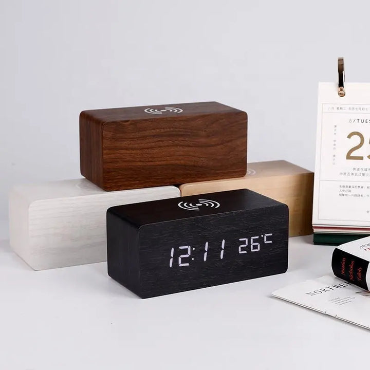 Wooden Digital Alarm Clock With Wireless Charging