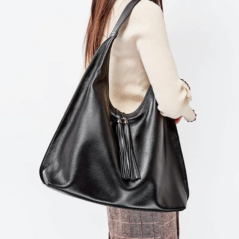 European And American Fashion Tassel Top Layer Cowhide Shoulder Big Bag