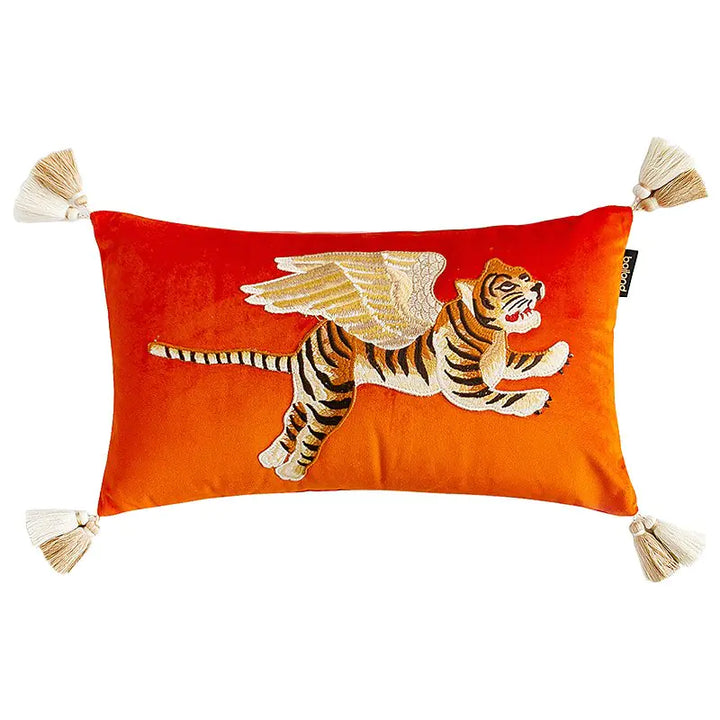 Kissenbezug aus Samt mit fliegender Tiger-Stickerei im Retro-Stil