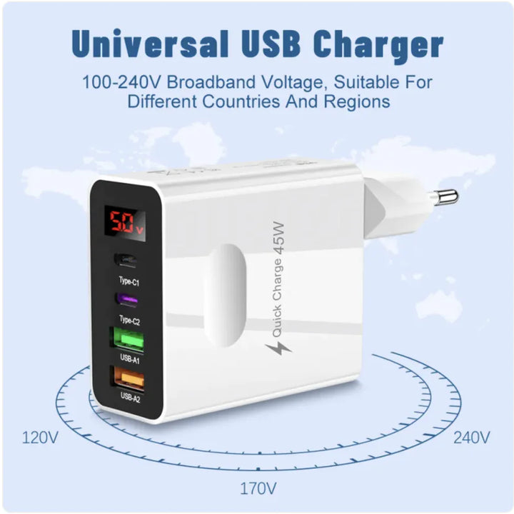 Dual USB & Type-C Digital Display Phone Charger