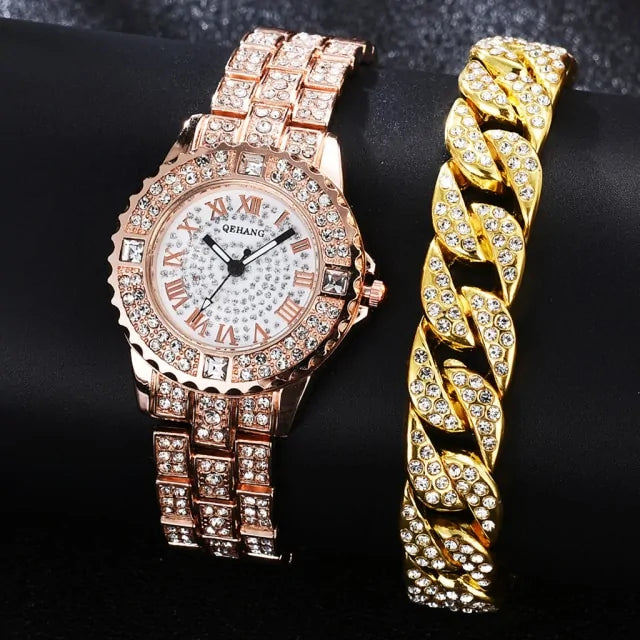 Uhr- und Armbandset mit Diamantkristallen