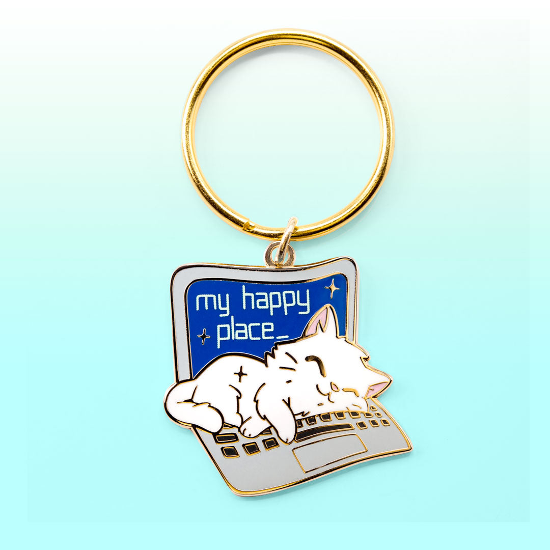 My Happy Place Laptop (Russian White Cat) Keychain-0