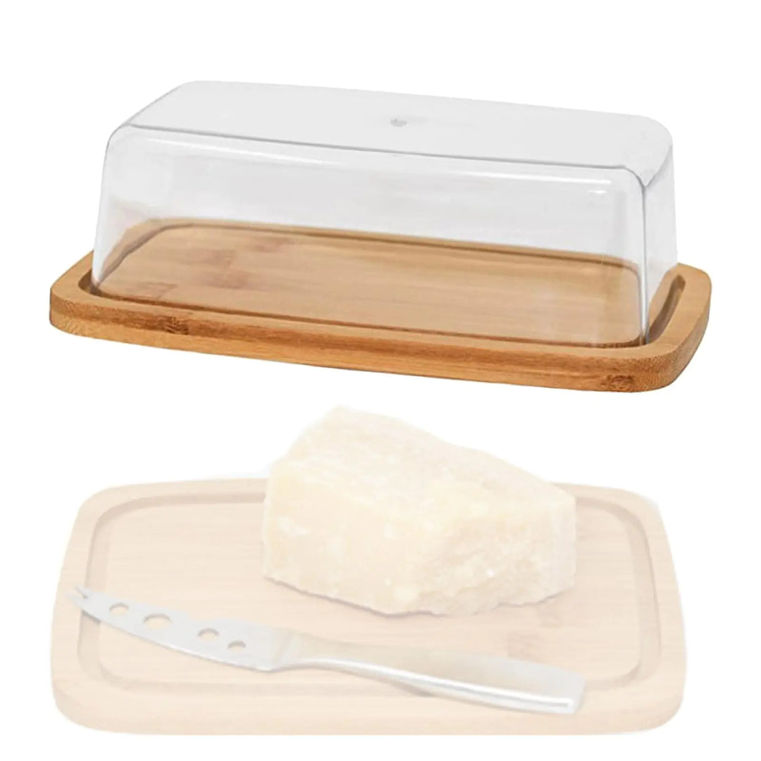 Square Bamboo Butter Dish Creative Rectangular with Glass Lid for Home