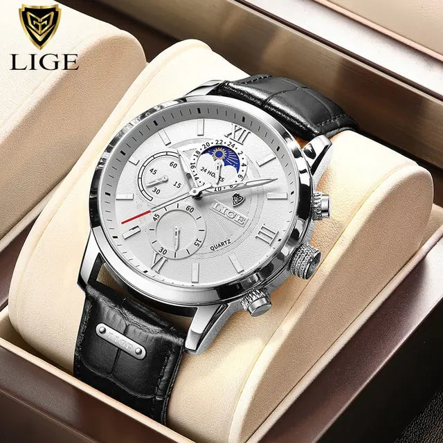 2023 New Mens Watches LIGE Top Brand Luxury Leather Casual Quartz