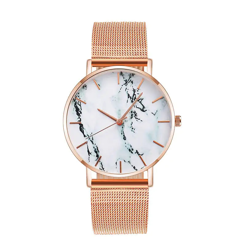 Rose Gold Mesh Band Marble Wrist Watch