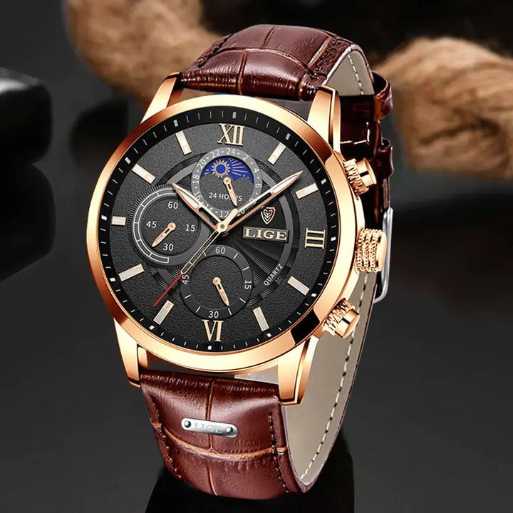 2023 New Mens Watches LIGE Top Brand Luxury Leather Casual Quartz