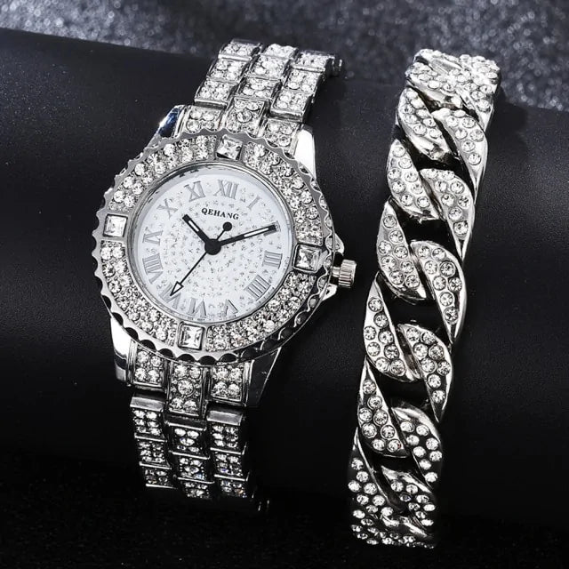 Uhr- und Armbandset mit Diamantkristallen